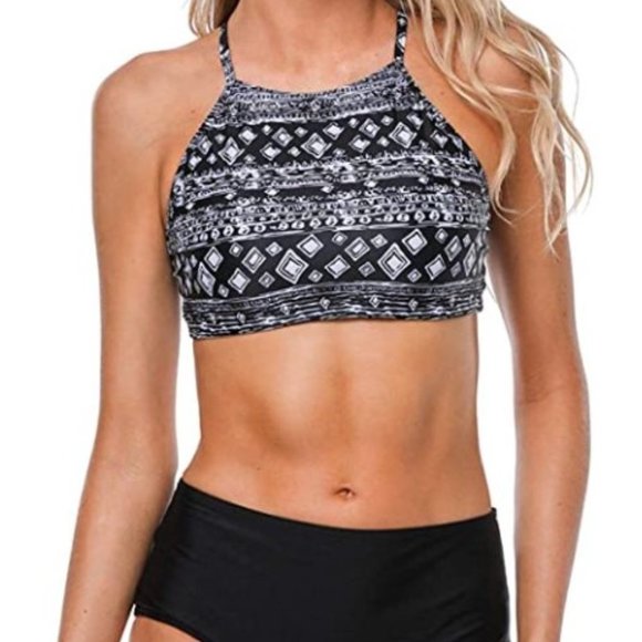 Women's Black Tribal High Neck Crop Bikini Top Mid Waist Bottom 2 Piece Bikini - Picture 1 of 7